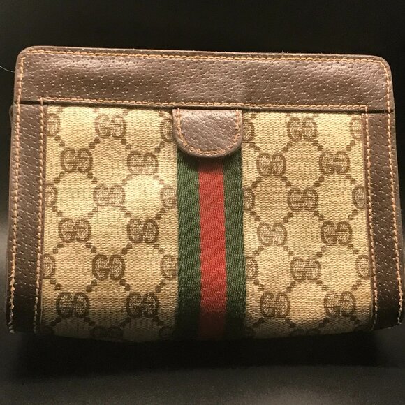 Gucci Web Vintage Brown Monogram PVC Canvas Leather Clutch / Cosmetic - Picture 1 of 16